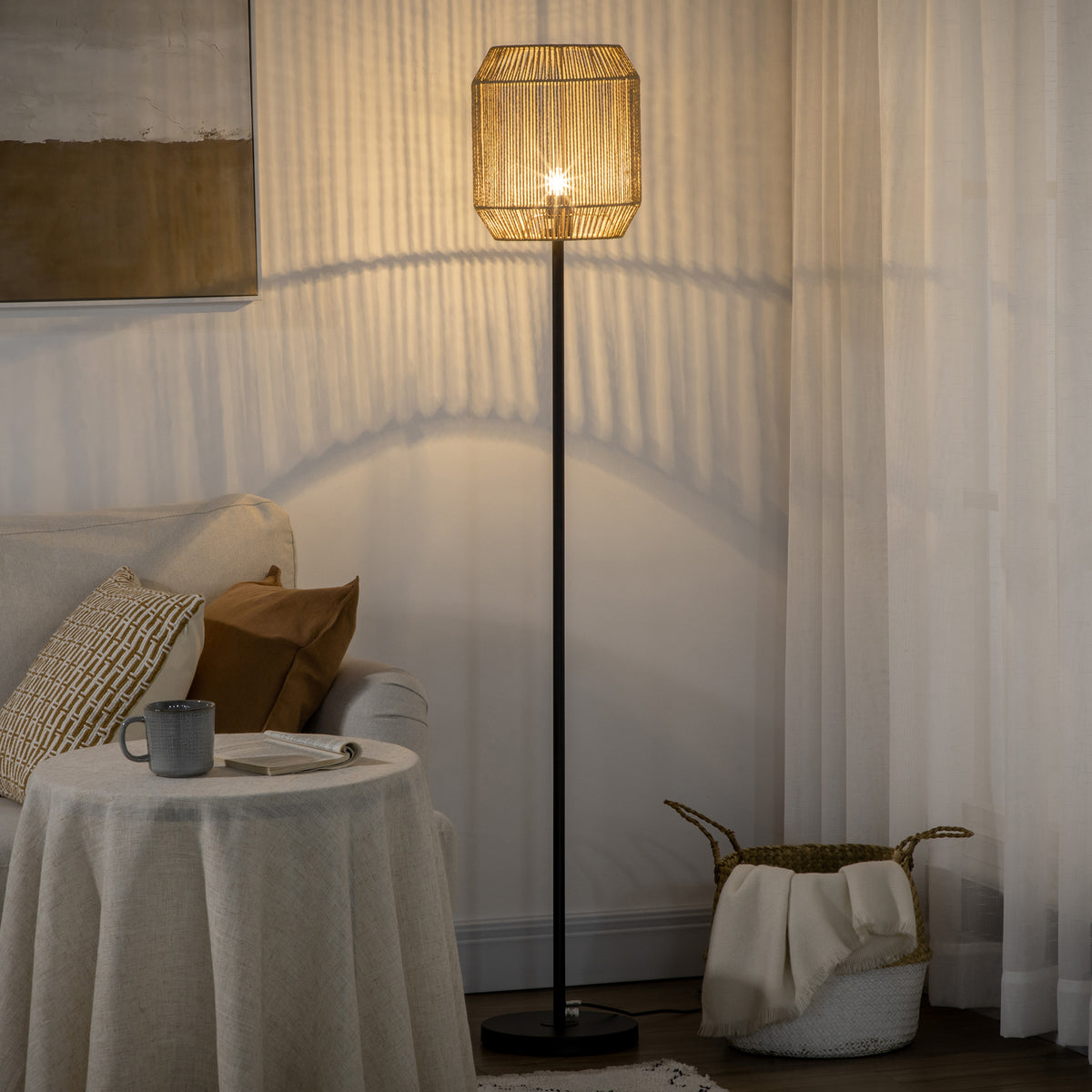 Lampadaire sur pied salon abat-jour en corde de papier design naturel base E27 Max. 40W - Ø 26 x 164H cm