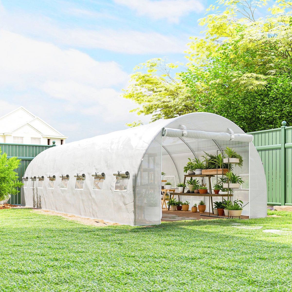 Serre de jardin tunnel 24m² 8L x 3l x 2H m - 16 fenêtres, Porte zippée enroulable acier galvanisé, bâche PE, Blanc