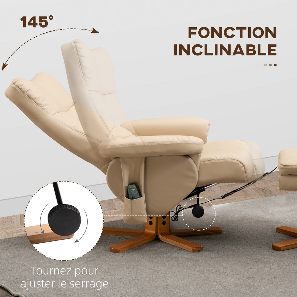 Fauteuil relax massant avec pouf, fauteuil de relaxation pivotant à 360°, dossier inclinable, 80 x 86 x 99 cm, crème