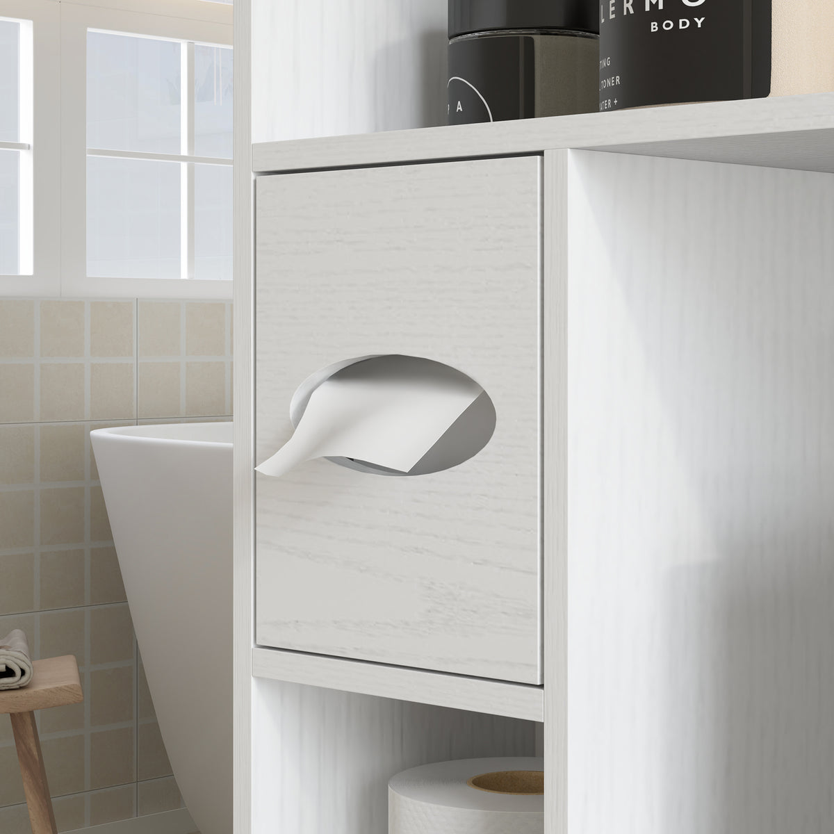 Meuble WC dessus de toilette avec placard à porte de grange, étagère réglable, compartiments et porte-papier, blanc