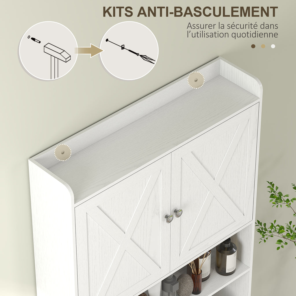 Meuble WC dessus de toilette avec placard à porte de grange, étagère réglable, compartiments et porte-papier, blanc