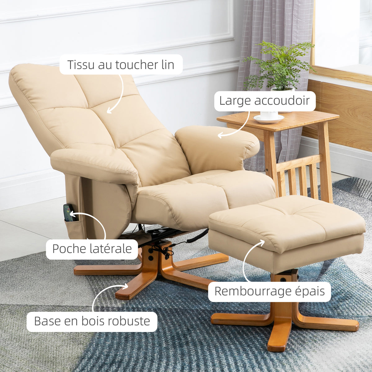 Fauteuil relax massant avec pouf, fauteuil de relaxation pivotant à 360°, dossier inclinable, 80 x 86 x 99 cm, crème
