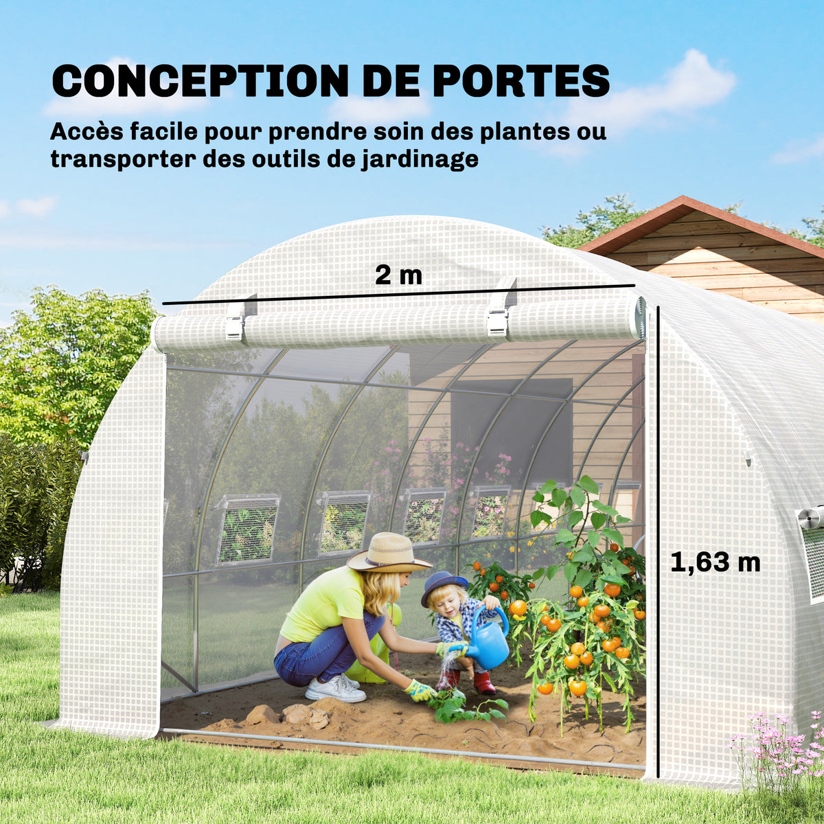 Serre de jardin tunnel 24m² 8L x 3l x 2H m - 16 fenêtres, Porte zippée enroulable acier galvanisé, bâche PE, Blanc