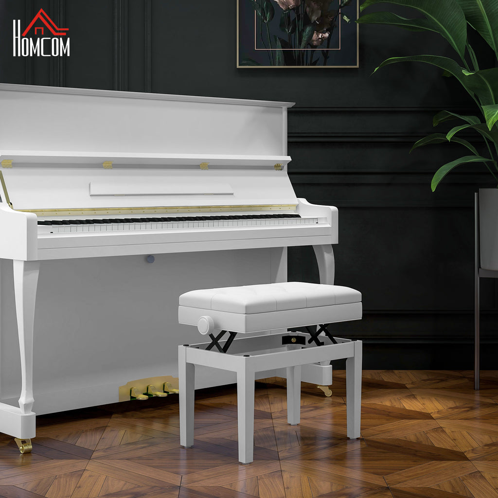 Banc de piano, banc de clavier réglable en hauteur en bois massif, compartiment de rangement, 55 x 33 x 48-58 cm blanc