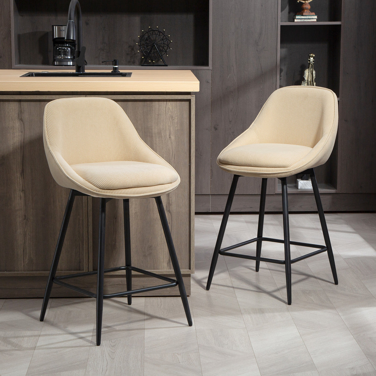 Lot de 2 tabourets de bar en tissu velours côtelé, chaises de bar avec dossier courbé, repose-pieds, 49x52x88cm, beige