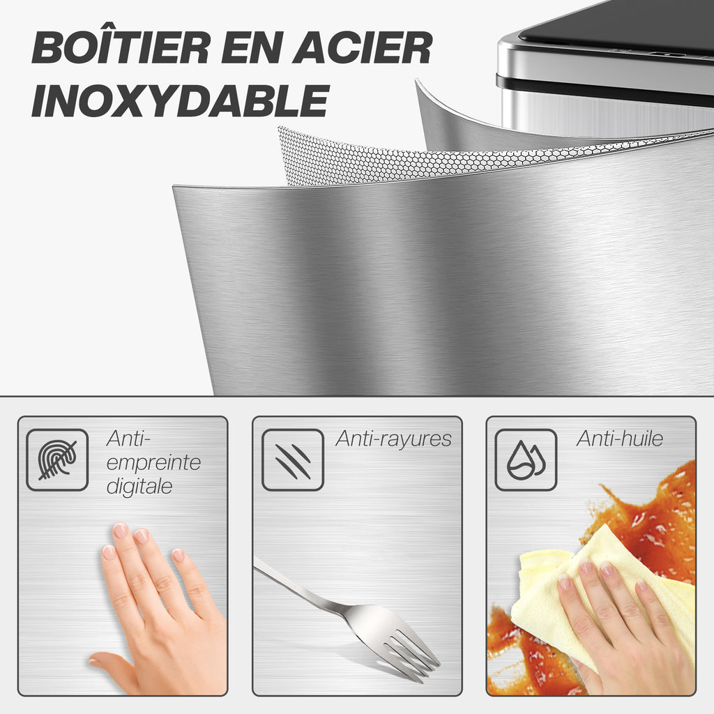 Poubelle à Capteur de 40L, Couvercle à Fermeture en Douceur, Poubelle de Cuisine Automatique Acier Inoxydable, Argenté
