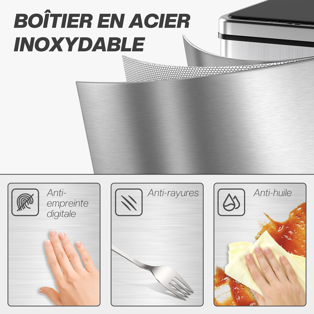 Poubelle à Capteur de 40L, Couvercle à Fermeture en Douceur, Poubelle de Cuisine Automatique Acier Inoxydable, Argenté