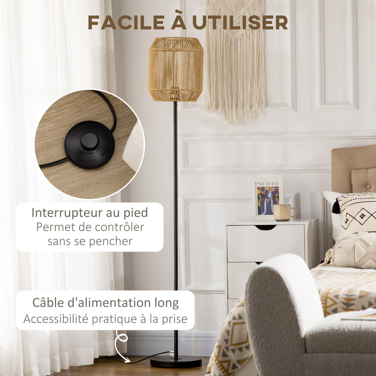Lampadaire sur pied salon abat-jour en corde de papier design naturel base E27 Max. 40W - Ø 26 x 164H cm