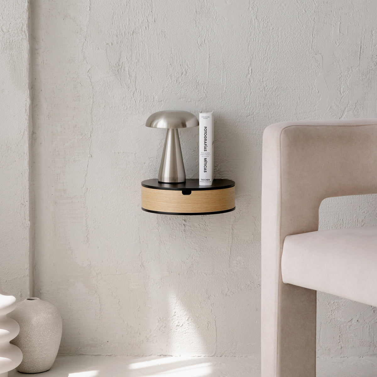 Floating Nightstand with Drawer, Rounded Wood Wall Shelf