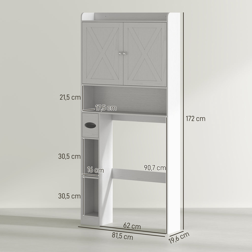 Meuble WC dessus de toilette avec placard à porte de grange, étagère réglable, compartiments et porte-papier, blanc