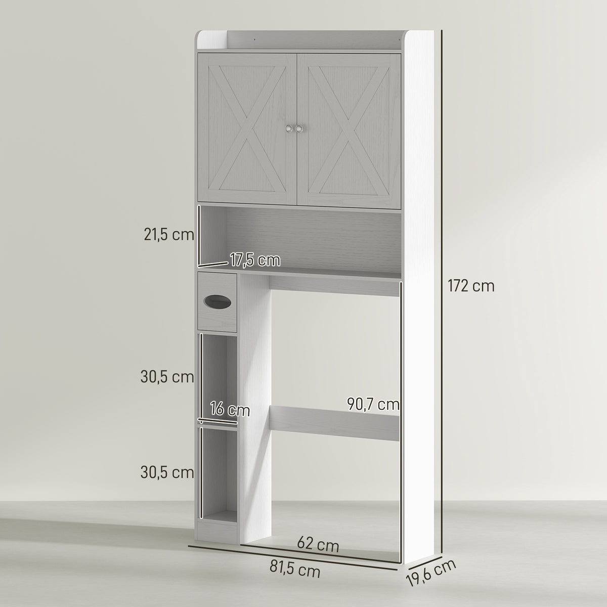 Meuble WC dessus de toilette avec placard à porte de grange, étagère réglable, compartiments et porte-papier, blanc