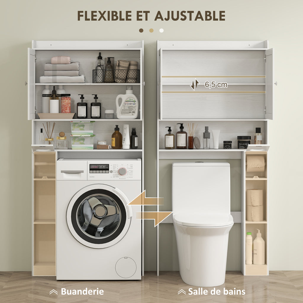 Meuble WC dessus de toilette avec placard à porte de grange, étagère réglable, compartiments et porte-papier, blanc