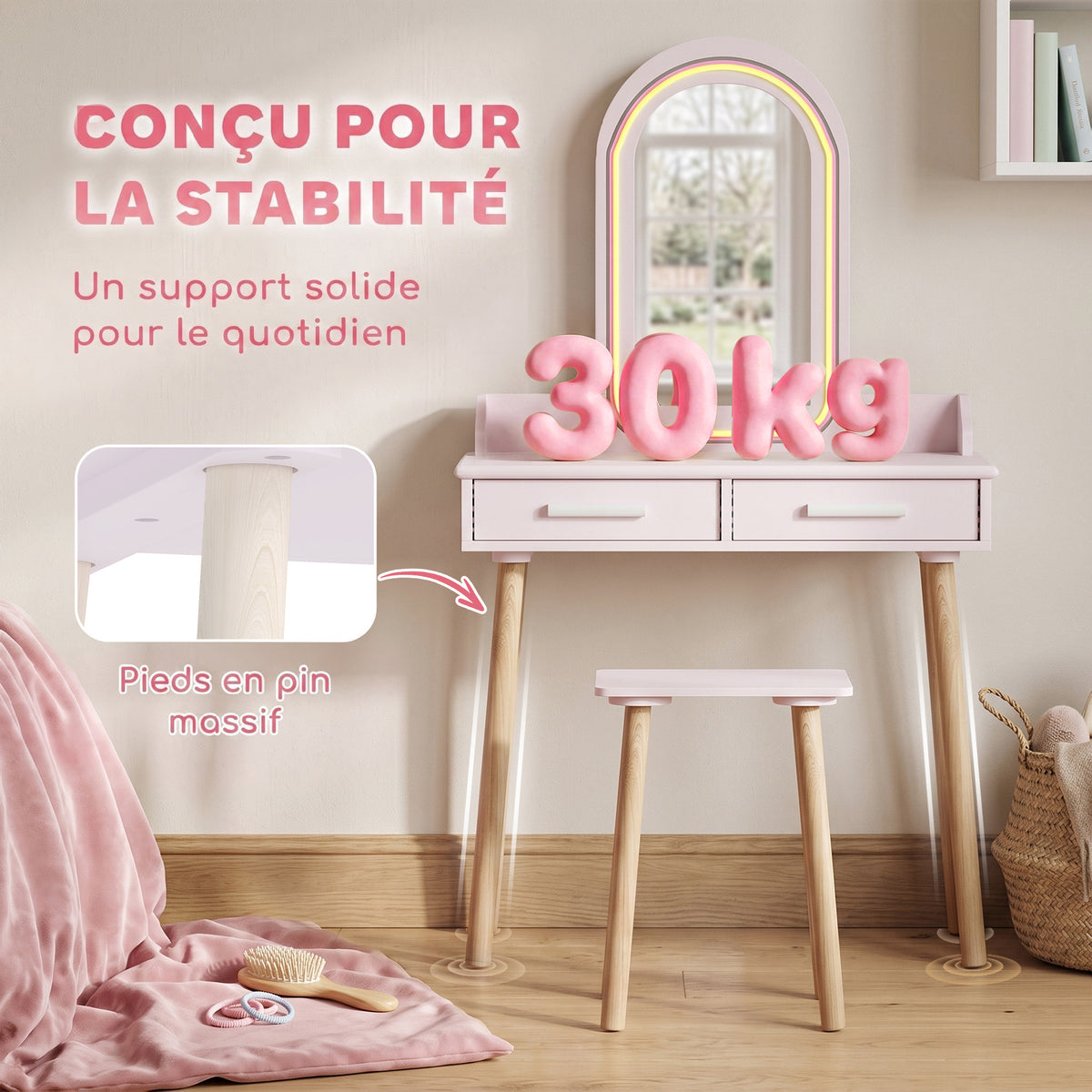 Coiffeuse Enfant en Bois avec Miroir LED 3 Couleurs, Tabouret, Tiroir et Plateau Spacieux, 60x36x100cm, 3 à 8 Ans, Rose