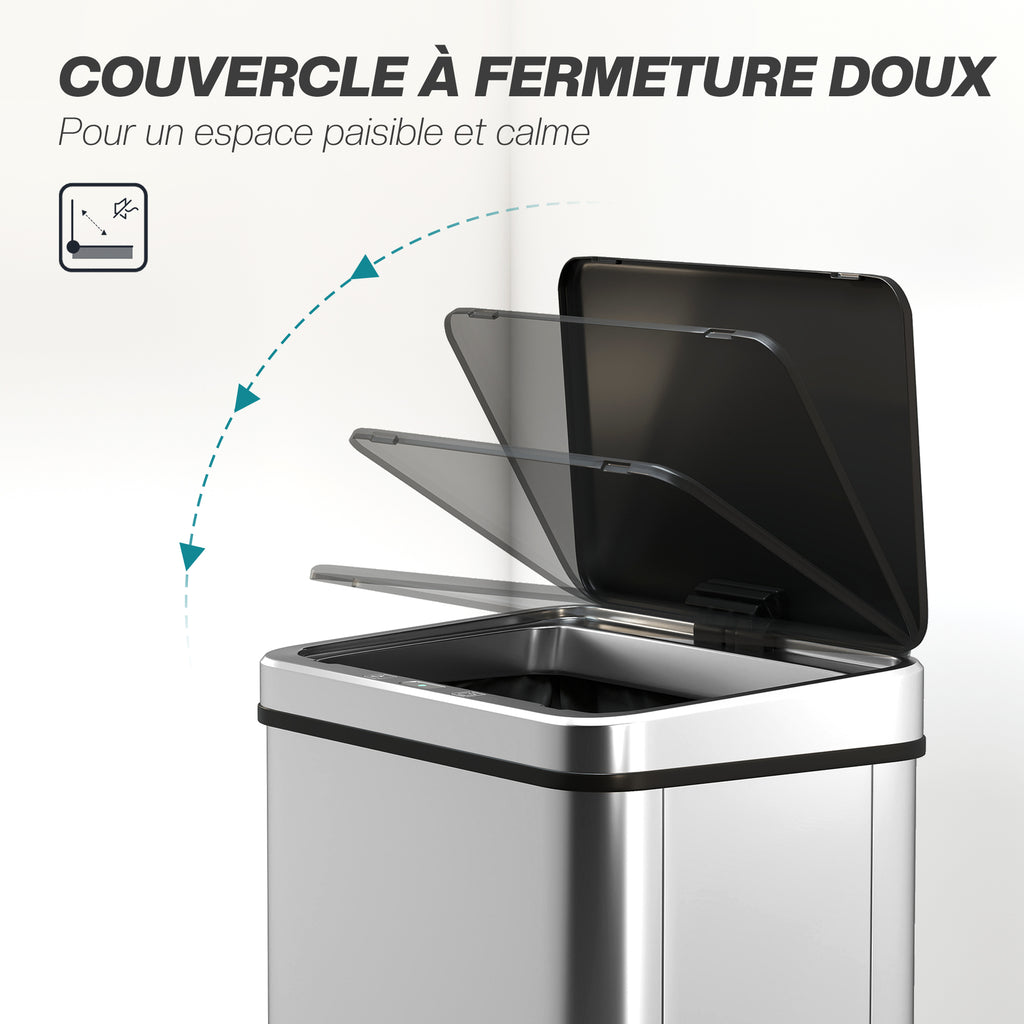 Poubelle à Capteur de 40L, Couvercle à Fermeture en Douceur, Poubelle de Cuisine Automatique Acier Inoxydable, Argenté