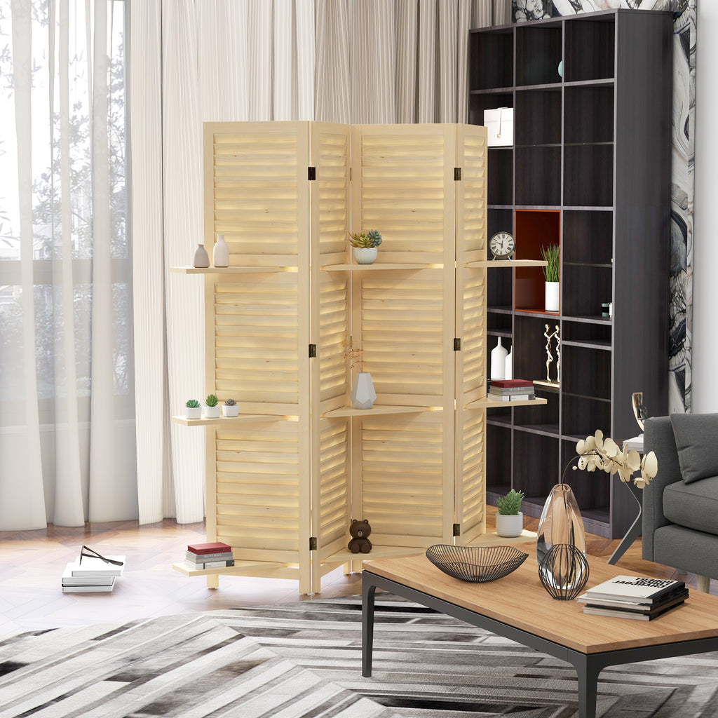 Paravent intérieur 4 panneaux 160L x 170H cm 3 étagères pliables séparateur de pièce portes persiennes naturel