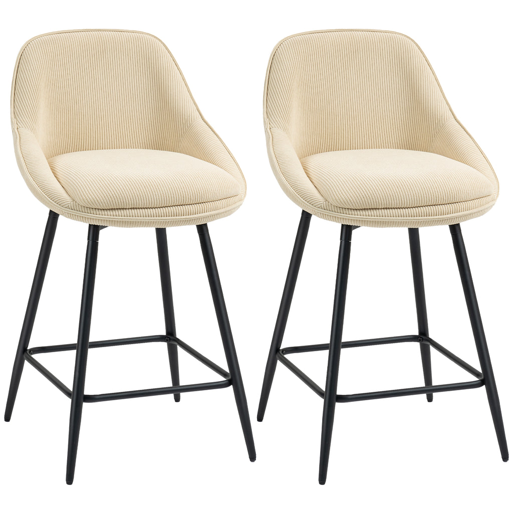 Lot de 2 tabourets de bar en tissu velours côtelé, chaises de bar avec dossier courbé, repose-pieds, 49x52x88cm, beige
