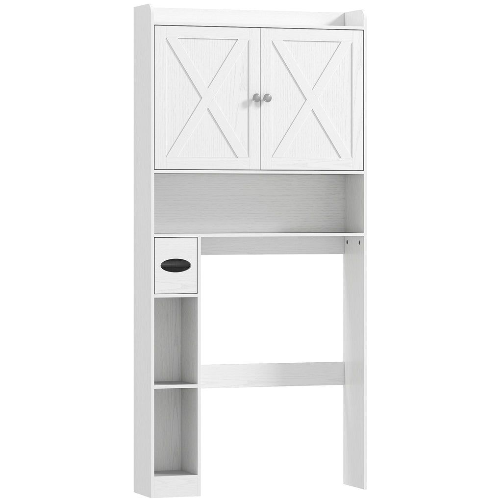 Meuble WC dessus de toilette avec placard à porte de grange, étagère réglable, compartiments et porte-papier, blanc