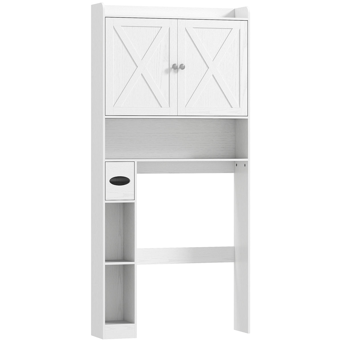 Meuble WC dessus de toilette avec placard à porte de grange, étagère réglable, compartiments et porte-papier, blanc