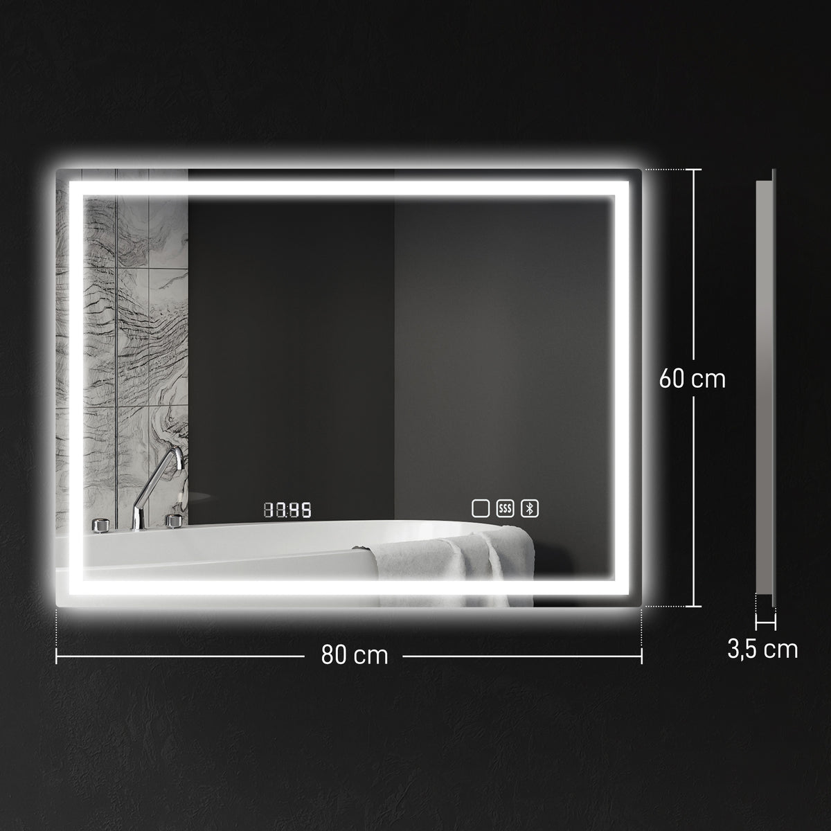 Miroir salle de bain LED bluetooth 60 x 80 cm interrupteur tactile lumière réglable 3 couleurs anti-buée mémoire argent