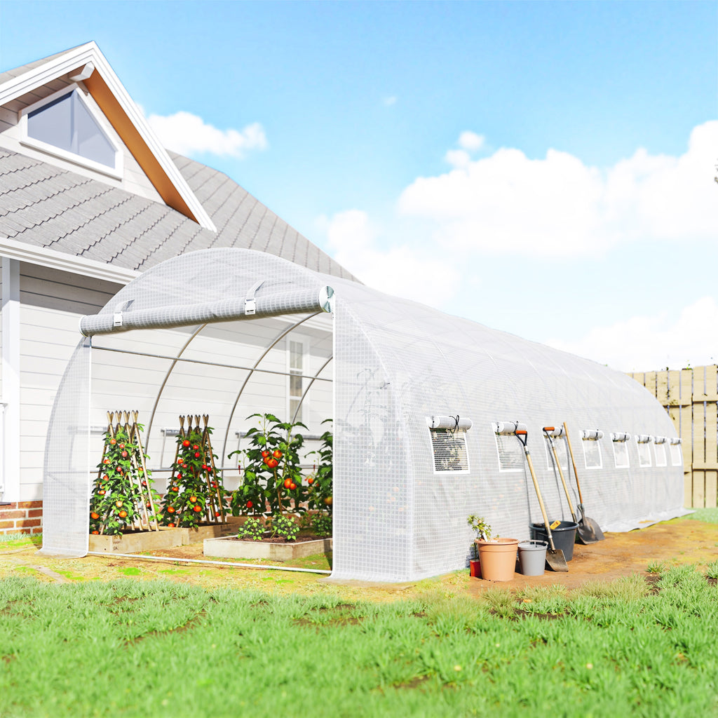Serre de jardin tunnel 24m² 8L x 3l x 2H m - 16 fenêtres, Porte zippée enroulable acier galvanisé, bâche PE, Blanc