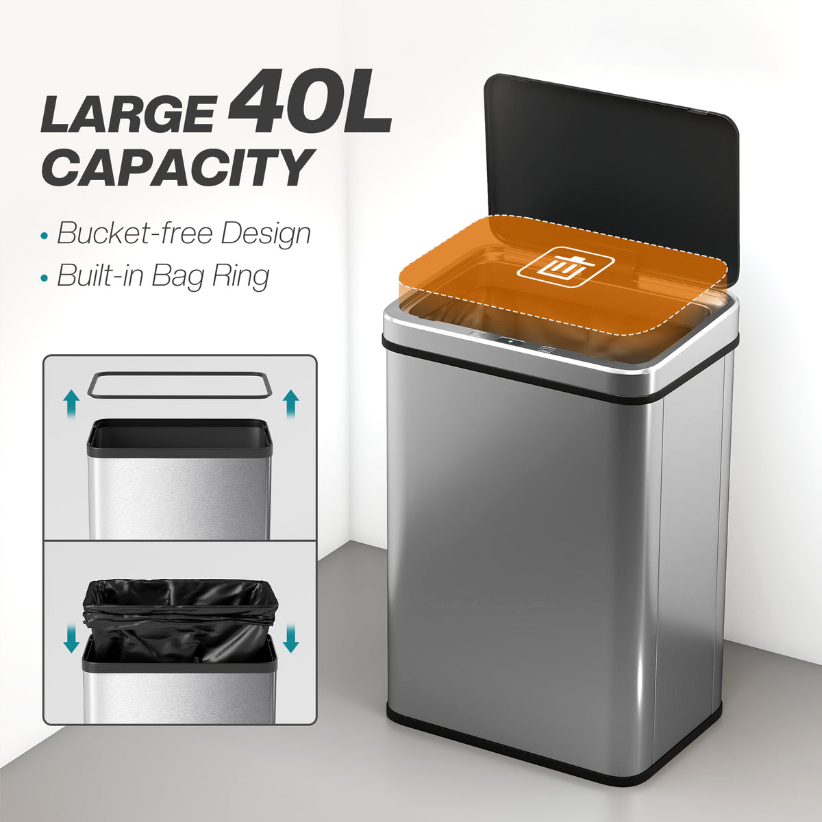Poubelle à Capteur de 40L, Couvercle à Fermeture en Douceur, Poubelle de Cuisine Automatique Acier Inoxydable, Argenté