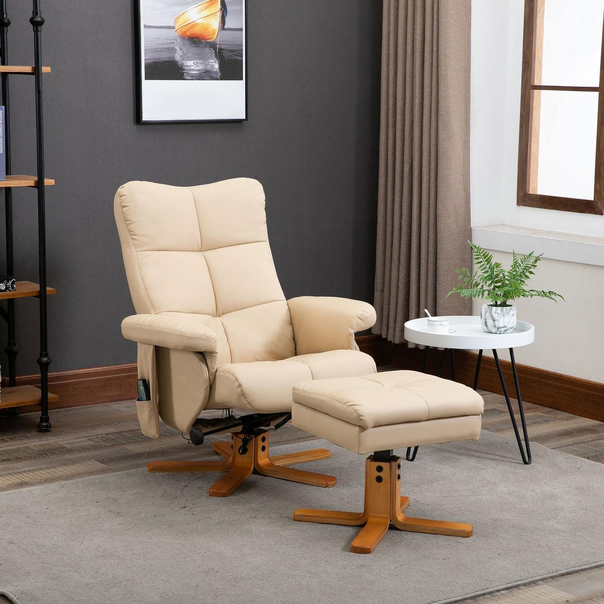 Fauteuil relax massant avec pouf, fauteuil de relaxation pivotant à 360°, dossier inclinable, 80 x 86 x 99 cm, crème