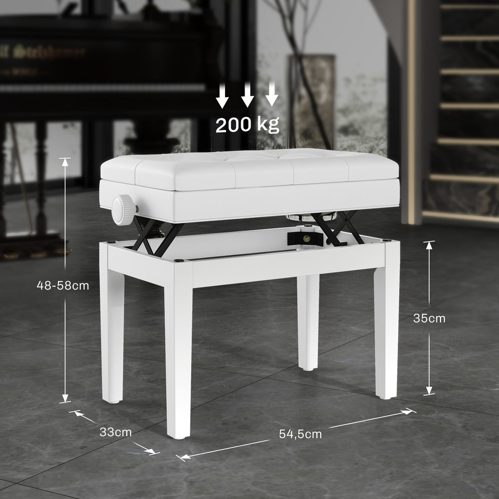 Banc de piano, banc de clavier réglable en hauteur en bois massif, compartiment de rangement, 55 x 33 x 48-58 cm blanc