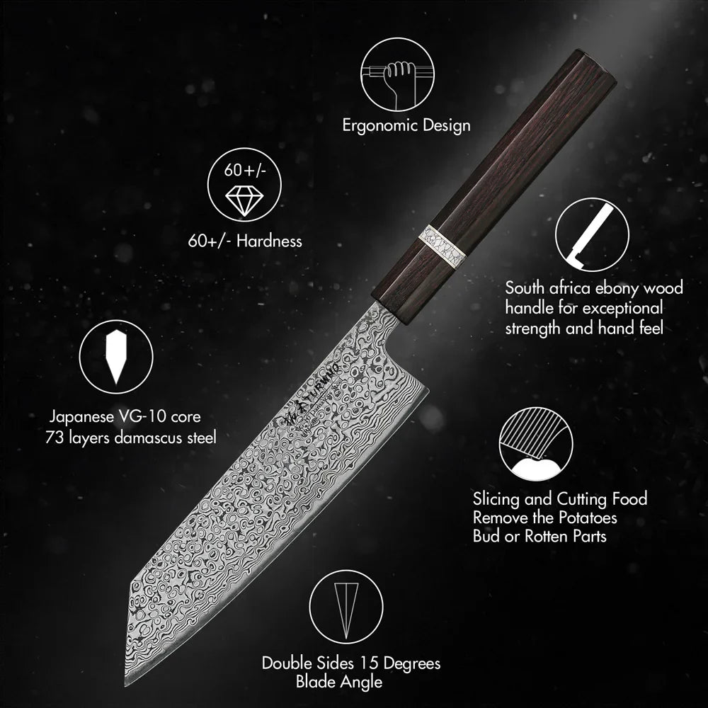 7-Inch Hand-Forged Kiritsuke Knife 73-Layer Damascus Steel Black
