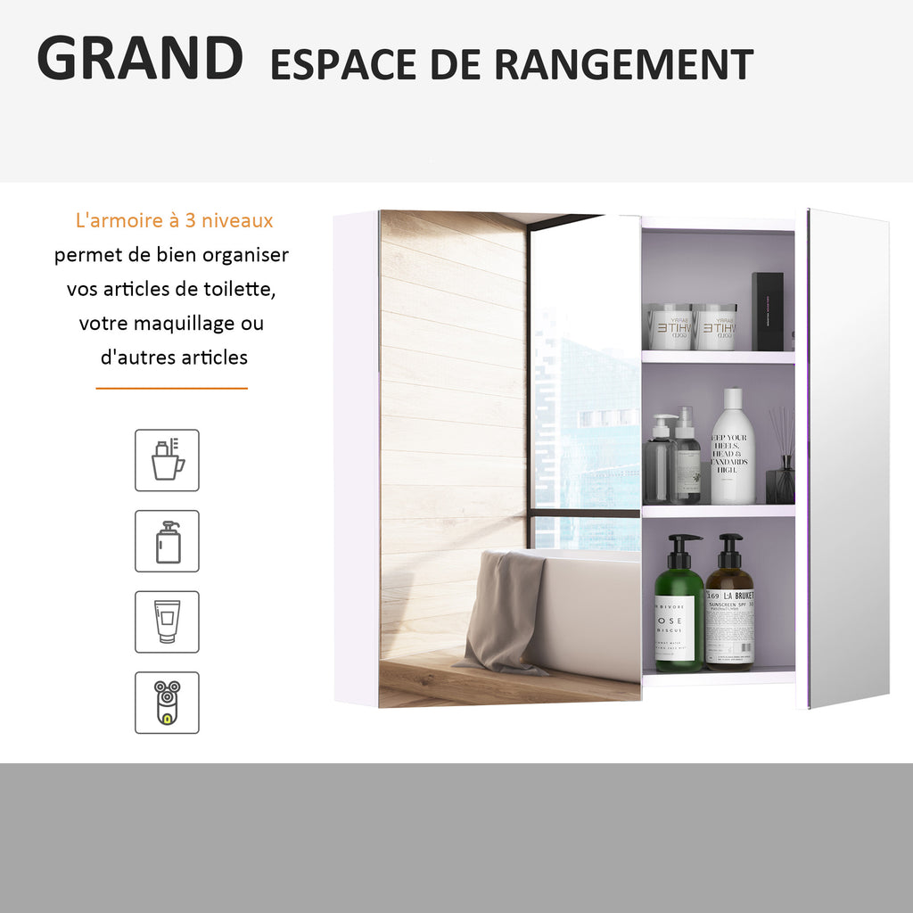 Armoire murale salle de bain avec miroir 70 x 60 cm avec étagère réglable, miroir salle de bain avec rangement, blanc
