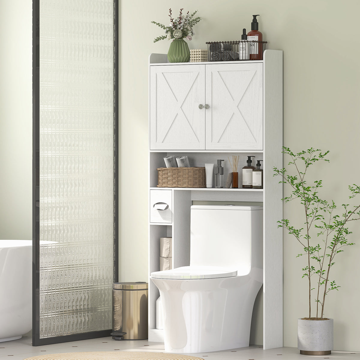 Meuble WC dessus de toilette avec placard à porte de grange, étagère réglable, compartiments et porte-papier, blanc