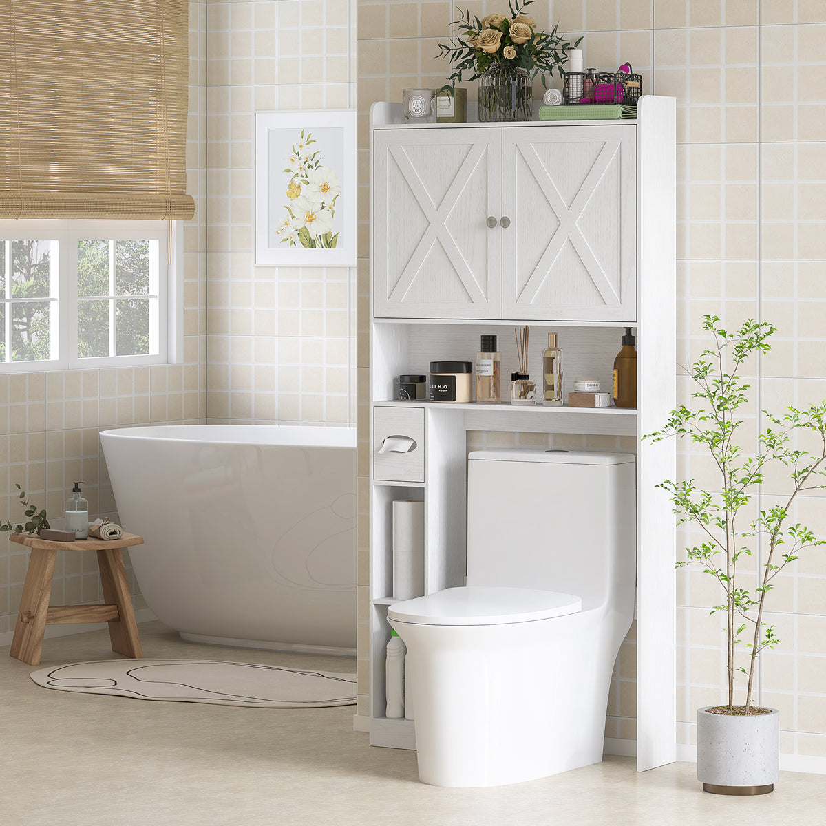Meuble WC dessus de toilette avec placard à porte de grange, étagère réglable, compartiments et porte-papier, blanc