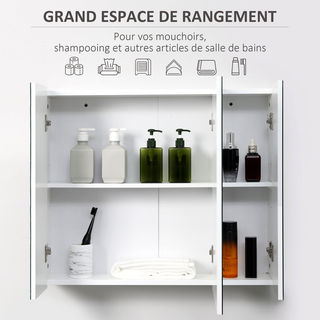 Armoire murale de salle de bain avec 3 portes miroir et étagères réglables en MDF Blanc dim. 70L x 15l x 60H cm