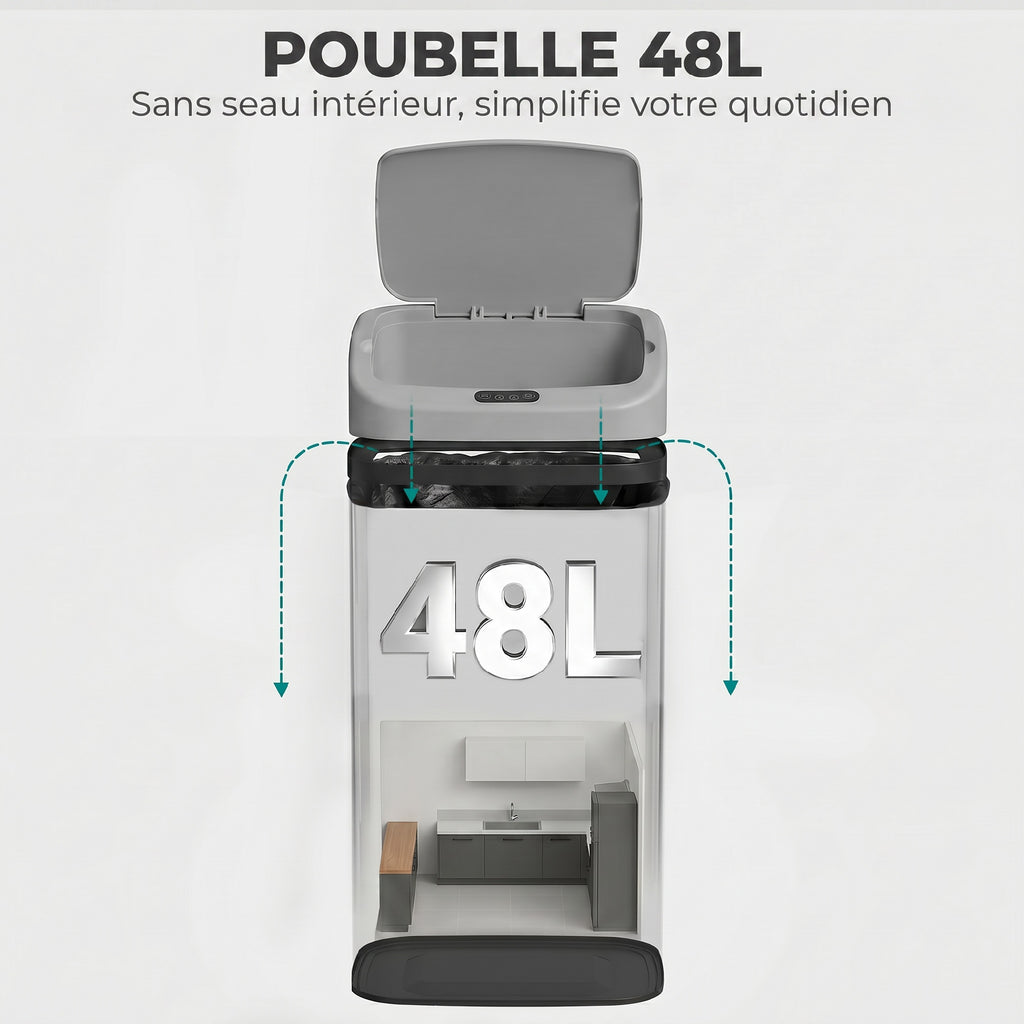 Poubelle de cuisine automatique 48L en acier inoxydable, couvercle à fermeture en douceur, 33x25x69cm, argent