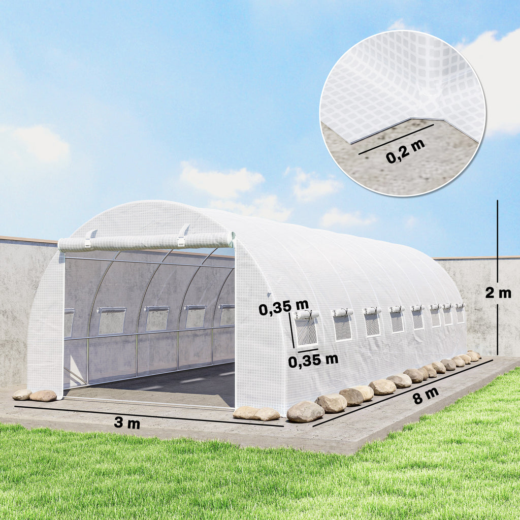 Serre de jardin tunnel 24m² 8L x 3l x 2H m - 16 fenêtres, Porte zippée enroulable acier galvanisé, bâche PE, Blanc