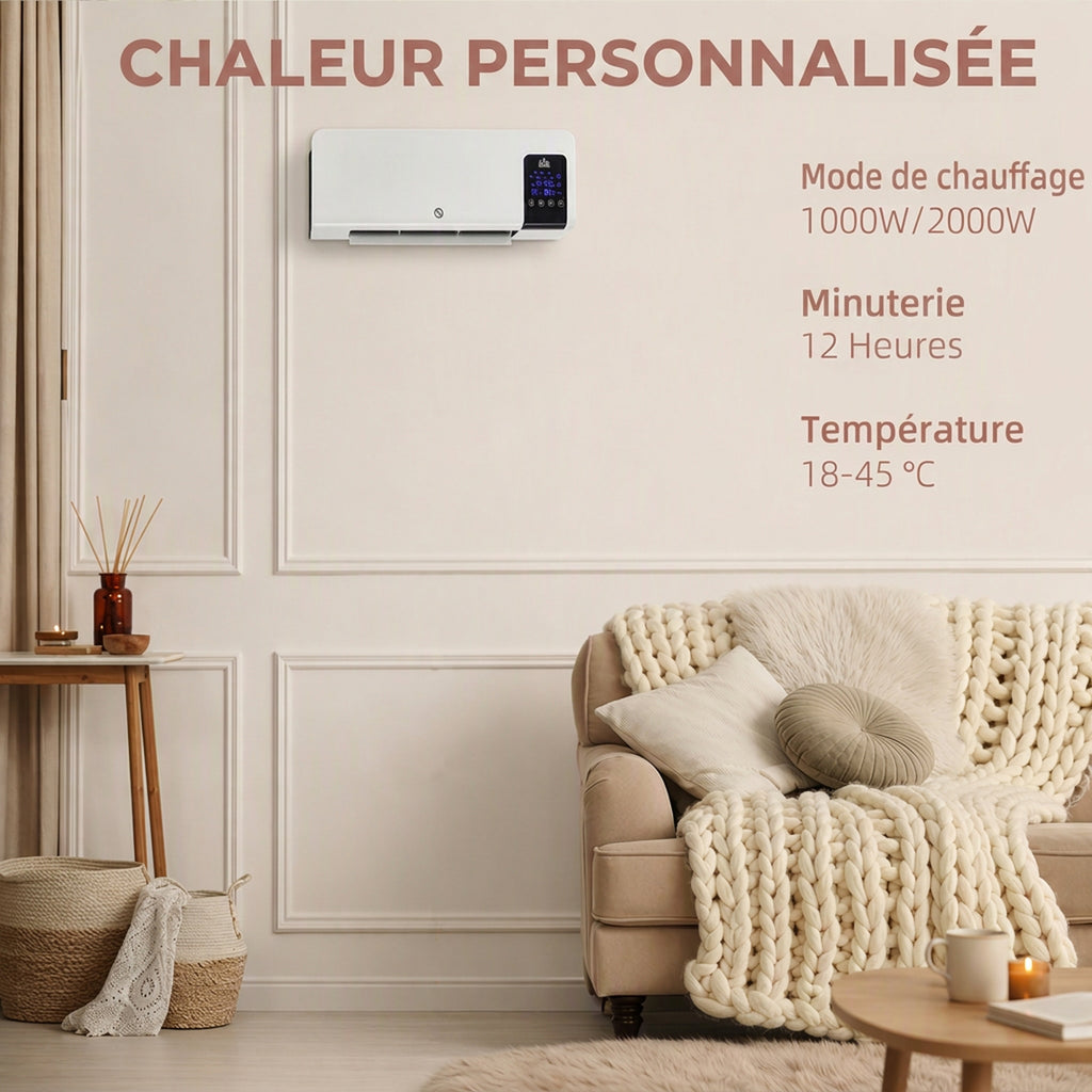 Radiateur soufflant mural chauffage céramique PTC - 1000 W / 2000 W oscillation minuterie avec télécommande blanc