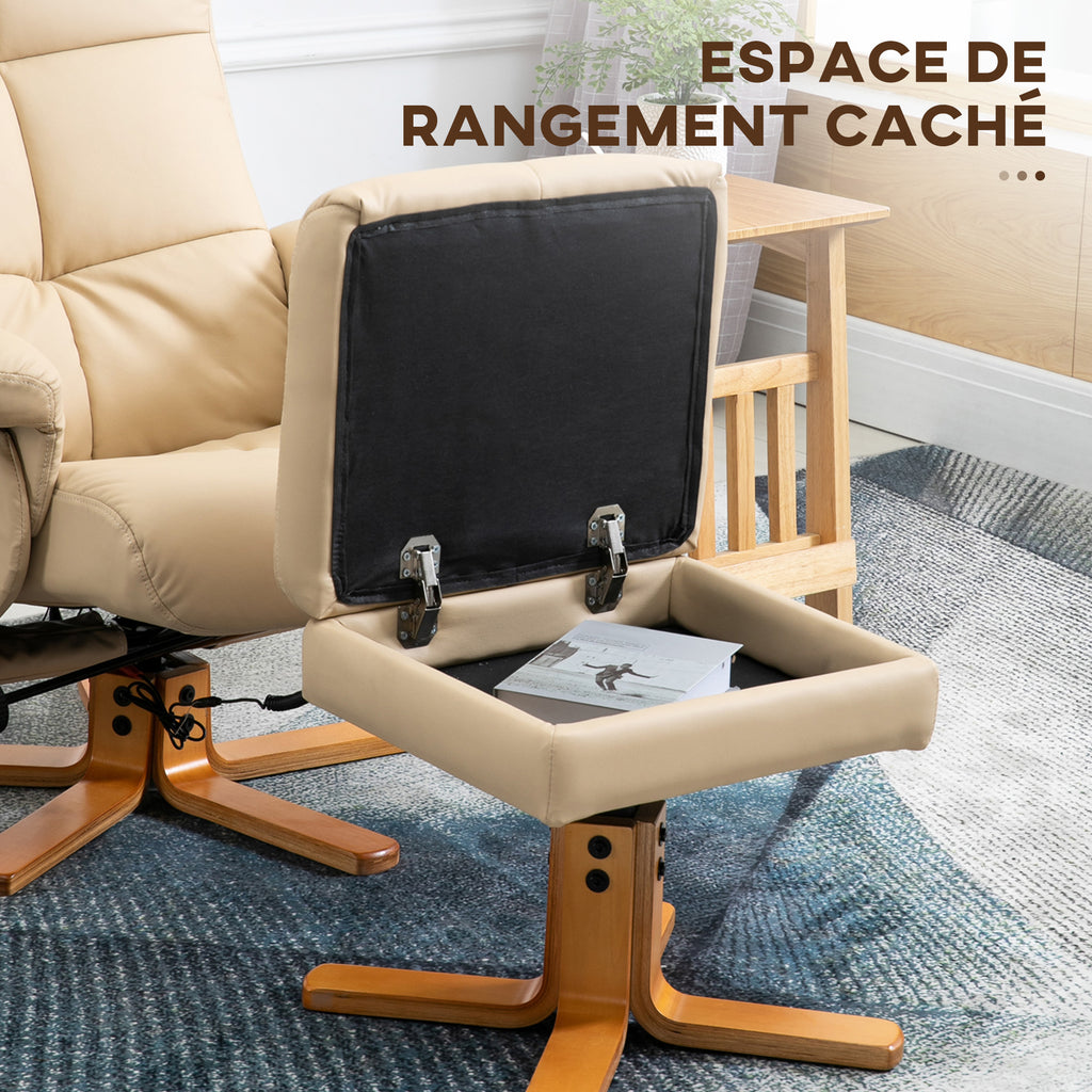 Fauteuil relax massant avec pouf, fauteuil de relaxation pivotant à 360°, dossier inclinable, 80 x 86 x 99 cm, crème