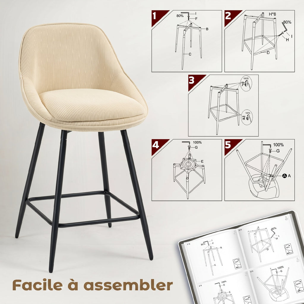 Lot de 2 tabourets de bar en tissu velours côtelé, chaises de bar avec dossier courbé, repose-pieds, 49x52x88cm, beige