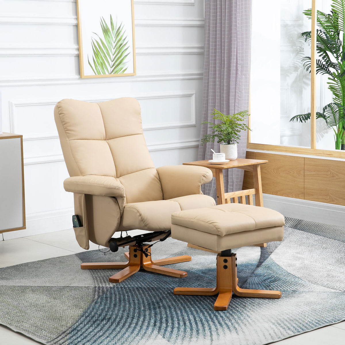 Fauteuil relax massant avec pouf, fauteuil de relaxation pivotant à 360°, dossier inclinable, 80 x 86 x 99 cm, crème