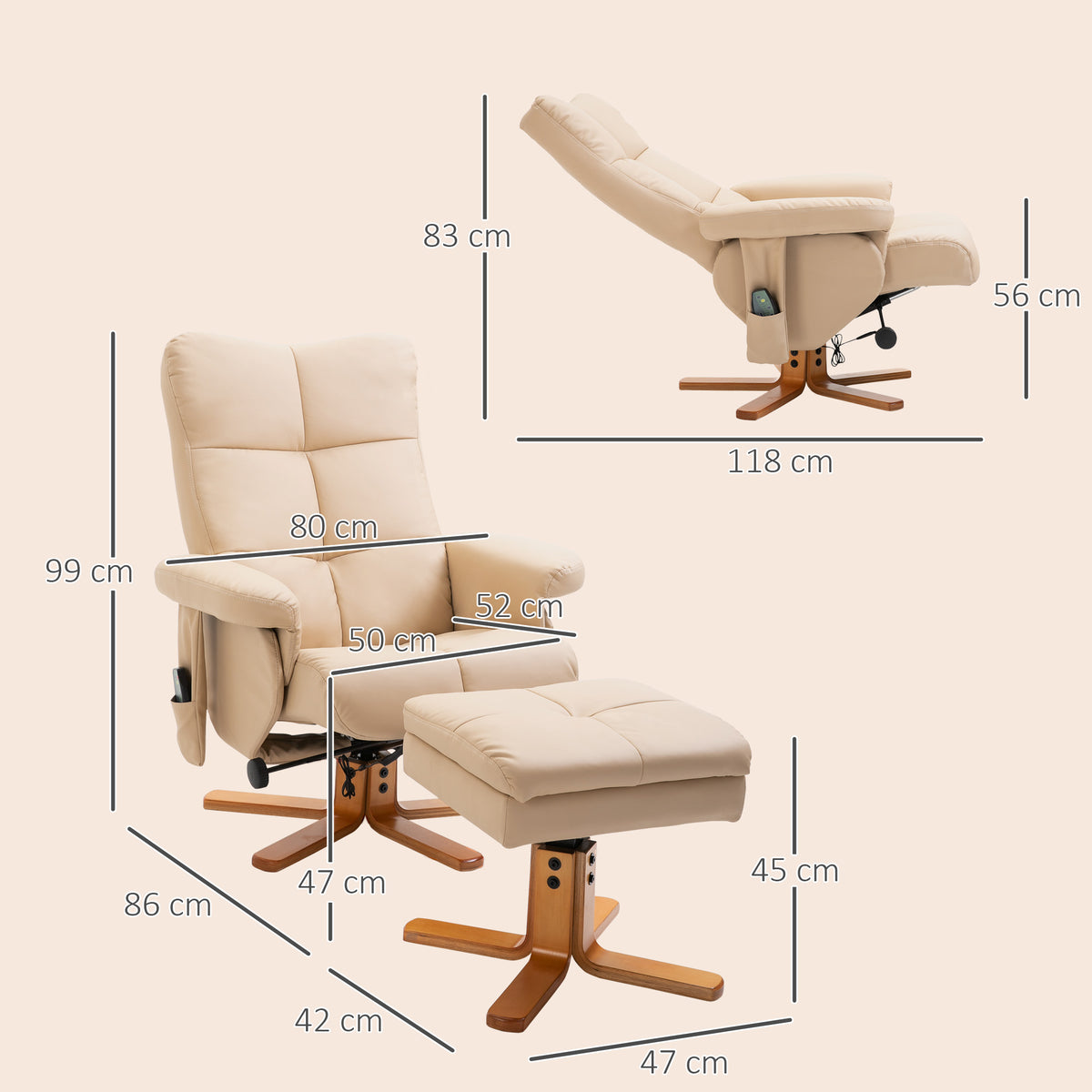Fauteuil relax massant avec pouf, fauteuil de relaxation pivotant à 360°, dossier inclinable, 80 x 86 x 99 cm, crème