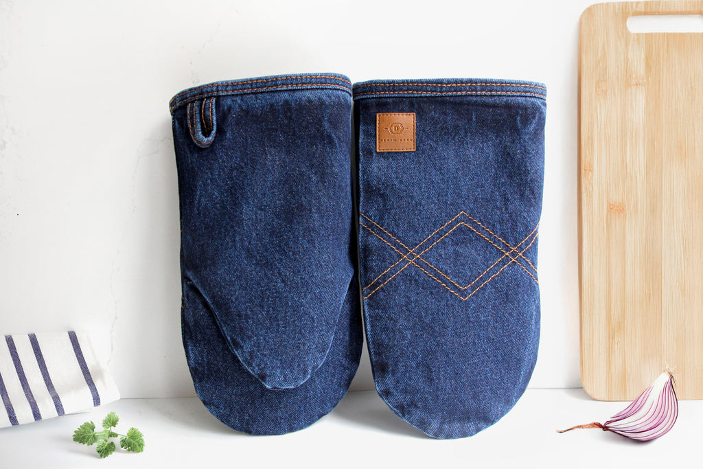 Denim Kitchen Set – Apron, Oven Mitts & 3 Hand Towels