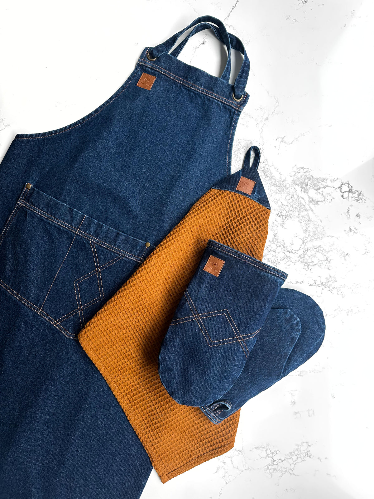 Denim Kitchen Set – Apron, Oven Mitts & 3 Hand Towels