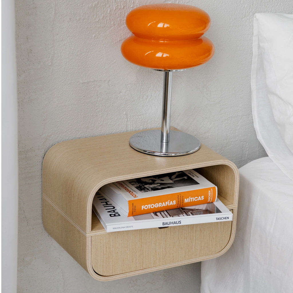Floating Nightstand with Drawer, Minimalist Wall Mounted Oak Bedside Table