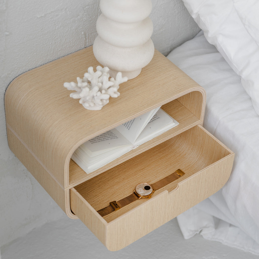 Floating Nightstand with Drawer, Minimalist Wall Mounted Oak Bedside Table