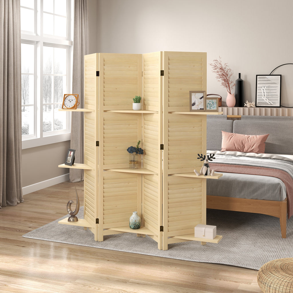 Paravent intérieur 4 panneaux 160L x 170H cm 3 étagères pliables séparateur de pièce portes persiennes naturel