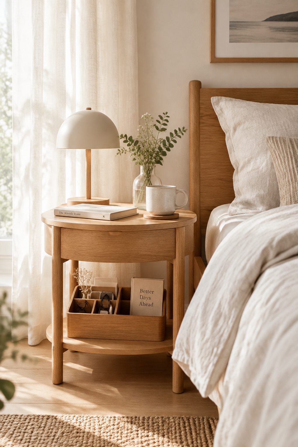 Wooden round nightstand in cozy Scandinavian bedroom