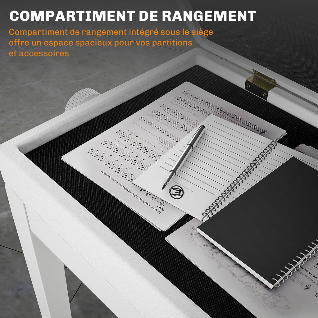Banc de piano, banc de clavier réglable en hauteur en bois massif, compartiment de rangement, 55 x 33 x 48-58 cm blanc
