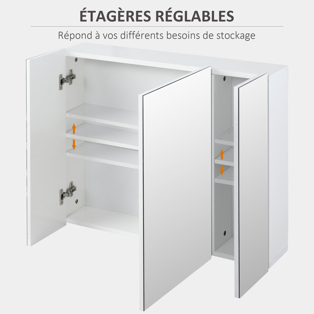 Armoire murale de salle de bain avec 3 portes miroir et étagères réglables en MDF Blanc dim. 70L x 15l x 60H cm