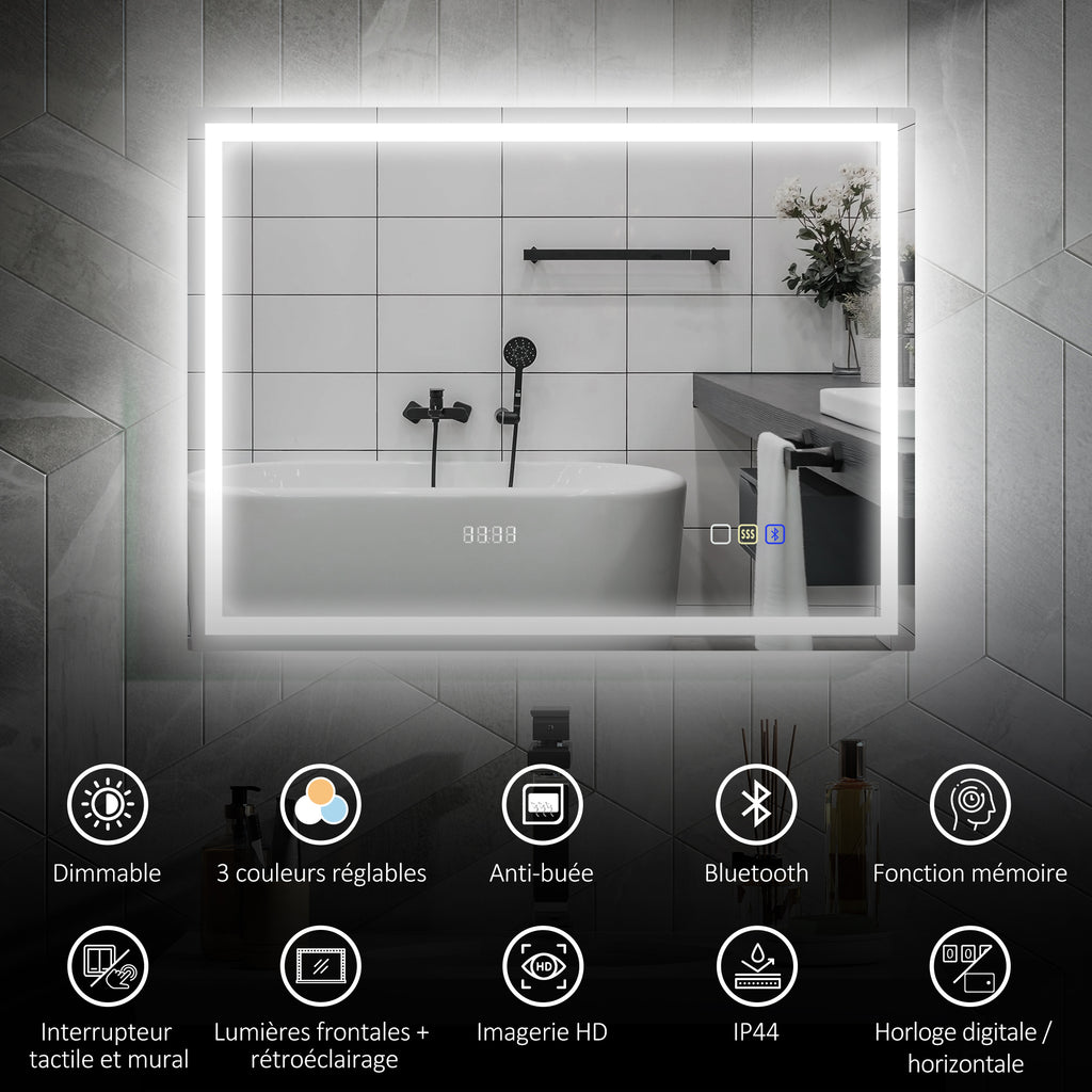 Miroir salle de bain LED bluetooth 60 x 80 cm interrupteur tactile lumière réglable 3 couleurs anti-buée mémoire argent