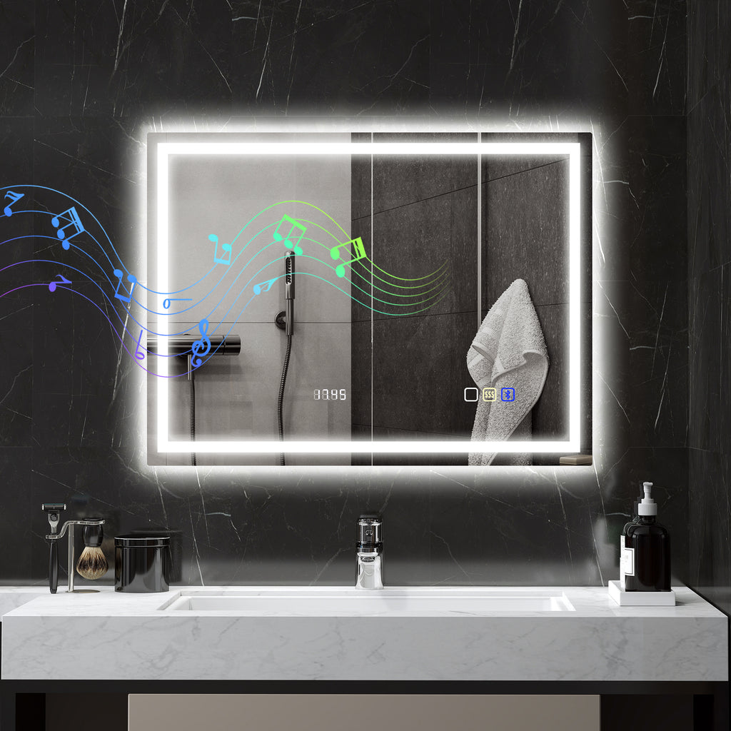 Miroir salle de bain LED bluetooth 60 x 80 cm interrupteur tactile lumière réglable 3 couleurs anti-buée mémoire argent