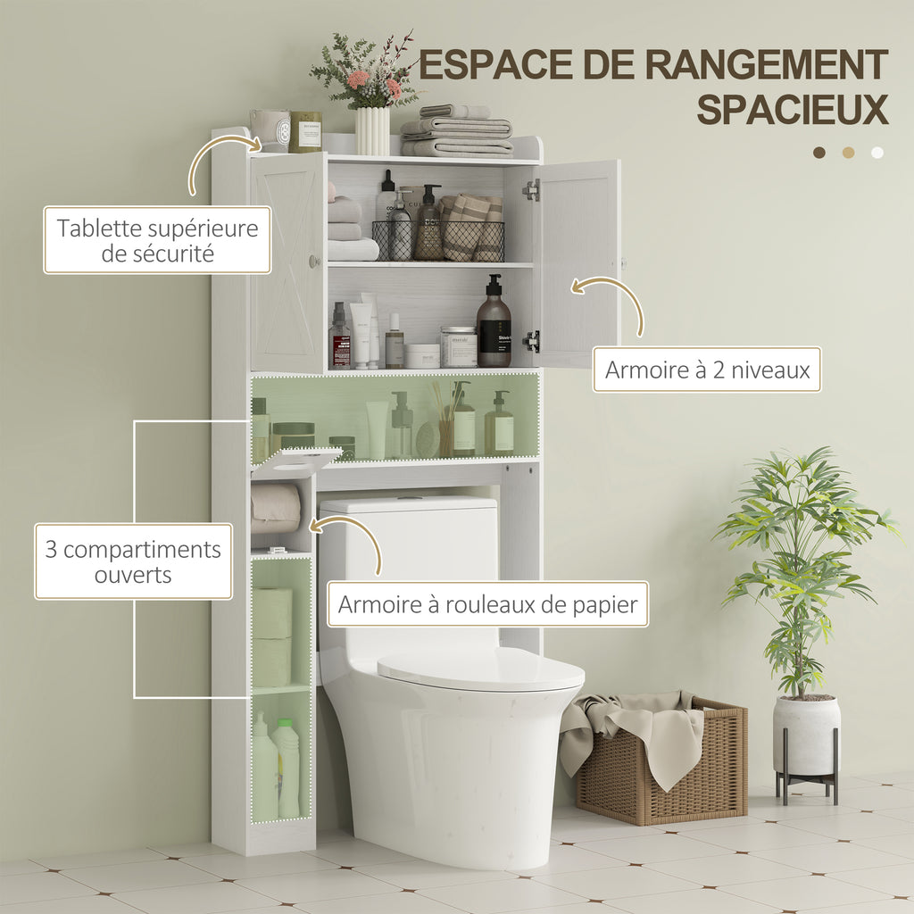 Meuble WC dessus de toilette avec placard à porte de grange, étagère réglable, compartiments et porte-papier, blanc
